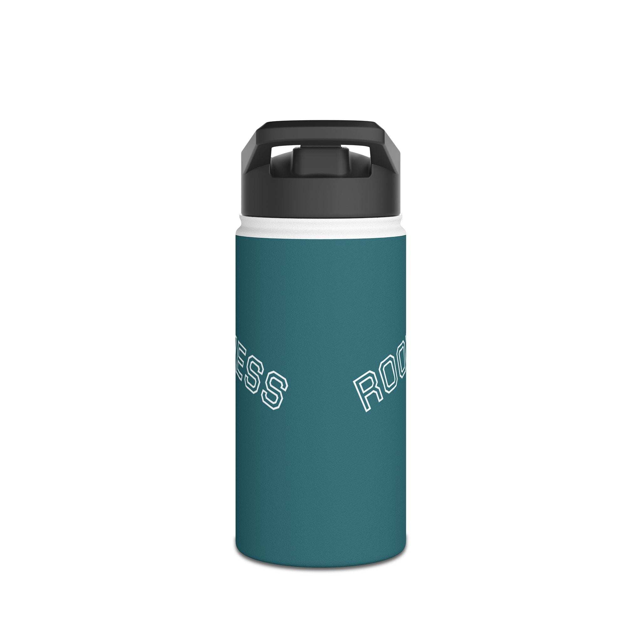 Stainless Steel Water Bottle in teal with matte finish, black twist-on lid, and partial "ROOTED IN WELLNESS" white text wrap design.