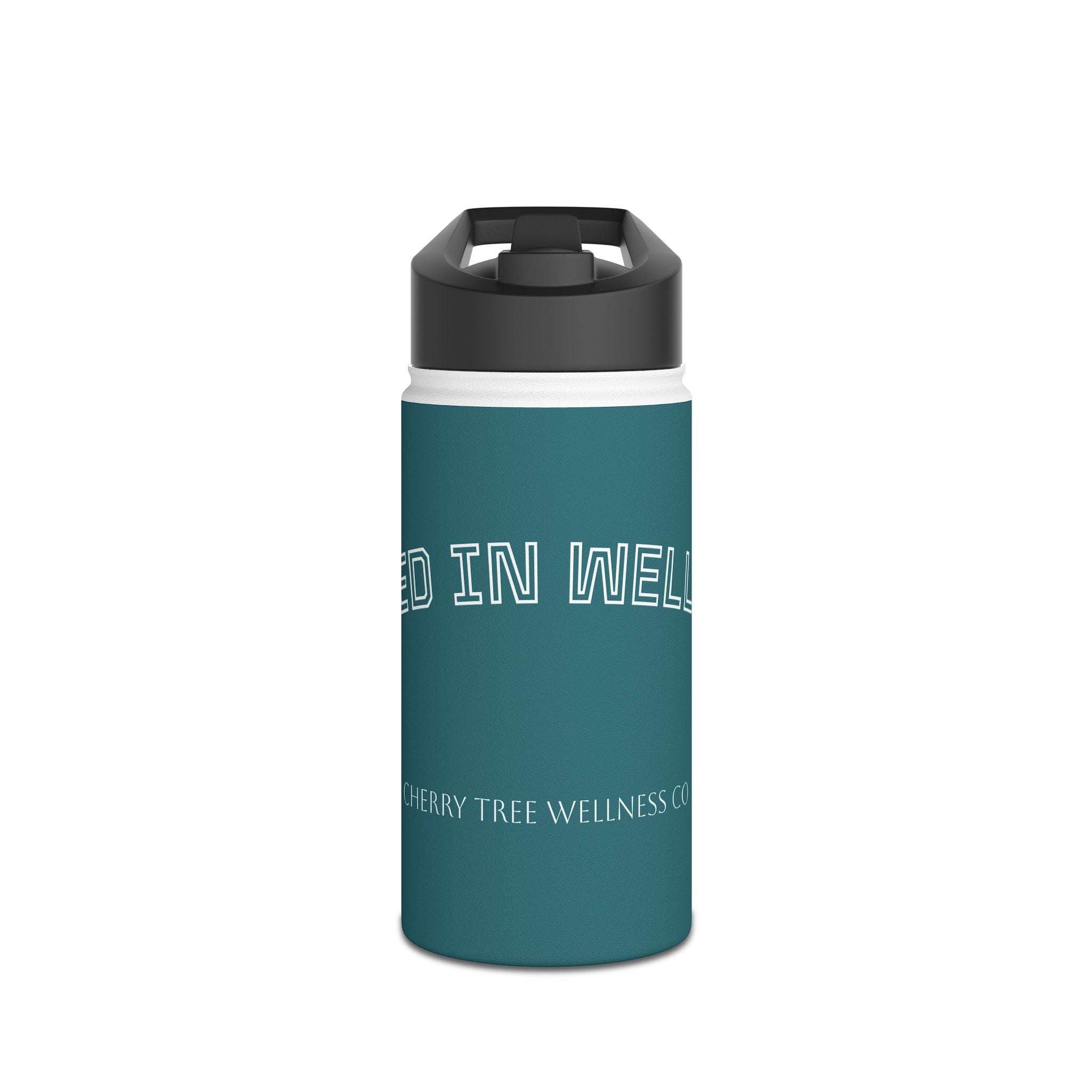 Stainless Steel Water Bottle in teal with white "Rooted in Wellness" text, matte finish, and black twist-on lid