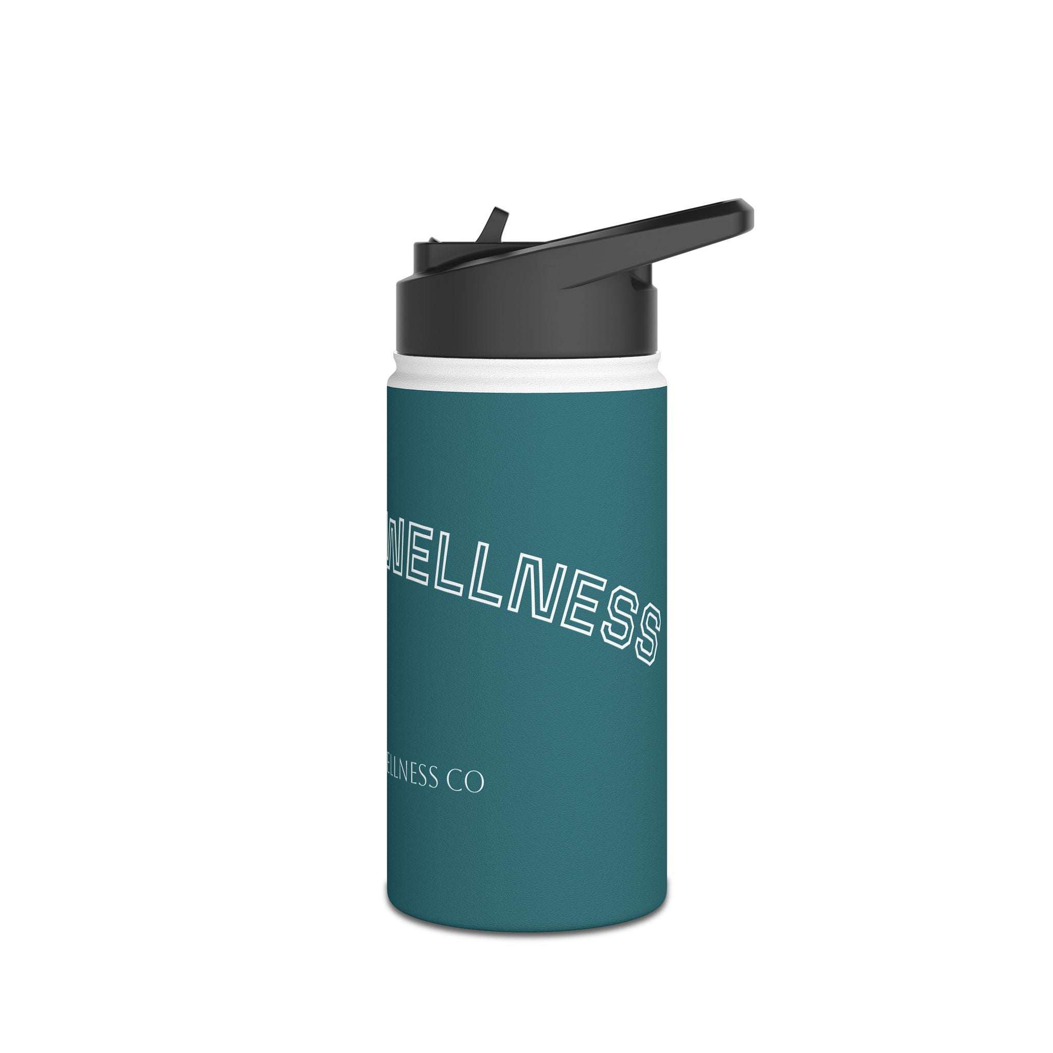 Stainless Steel Water Bottle in matte teal with black BPA-free polypropylene lid, double-wall insulation, and "WELLNESS" text design