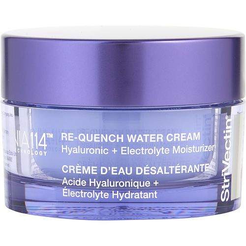 StriVectin Re-Quench Water Cream in a purple jar, featuring hyaluronic acid and electrolyte moisturizer labeling