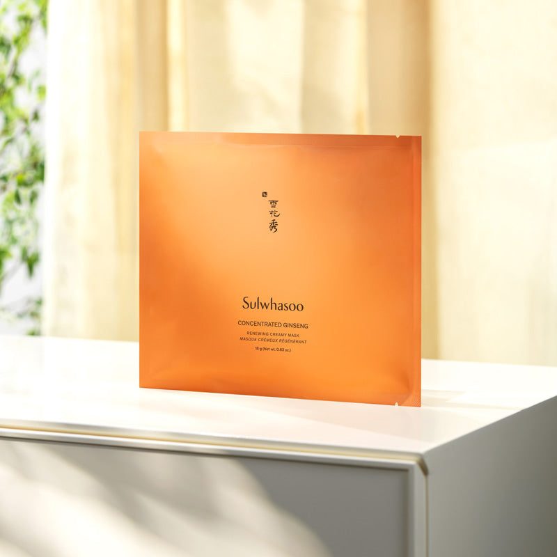 sulwhasoo concentrated ginseng mask in an orange rectangular package with centered black branding and Korean characters