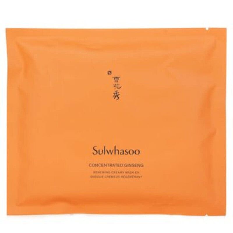 sulwhasoo concentrated ginseng mask in an orange single-use sachet with black text and flat sealed packaging