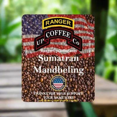 Sumatran Mandheling Coffee K-Cup package with a brown coffee bean pattern, American flag graphic, and Ranger Coffee branding