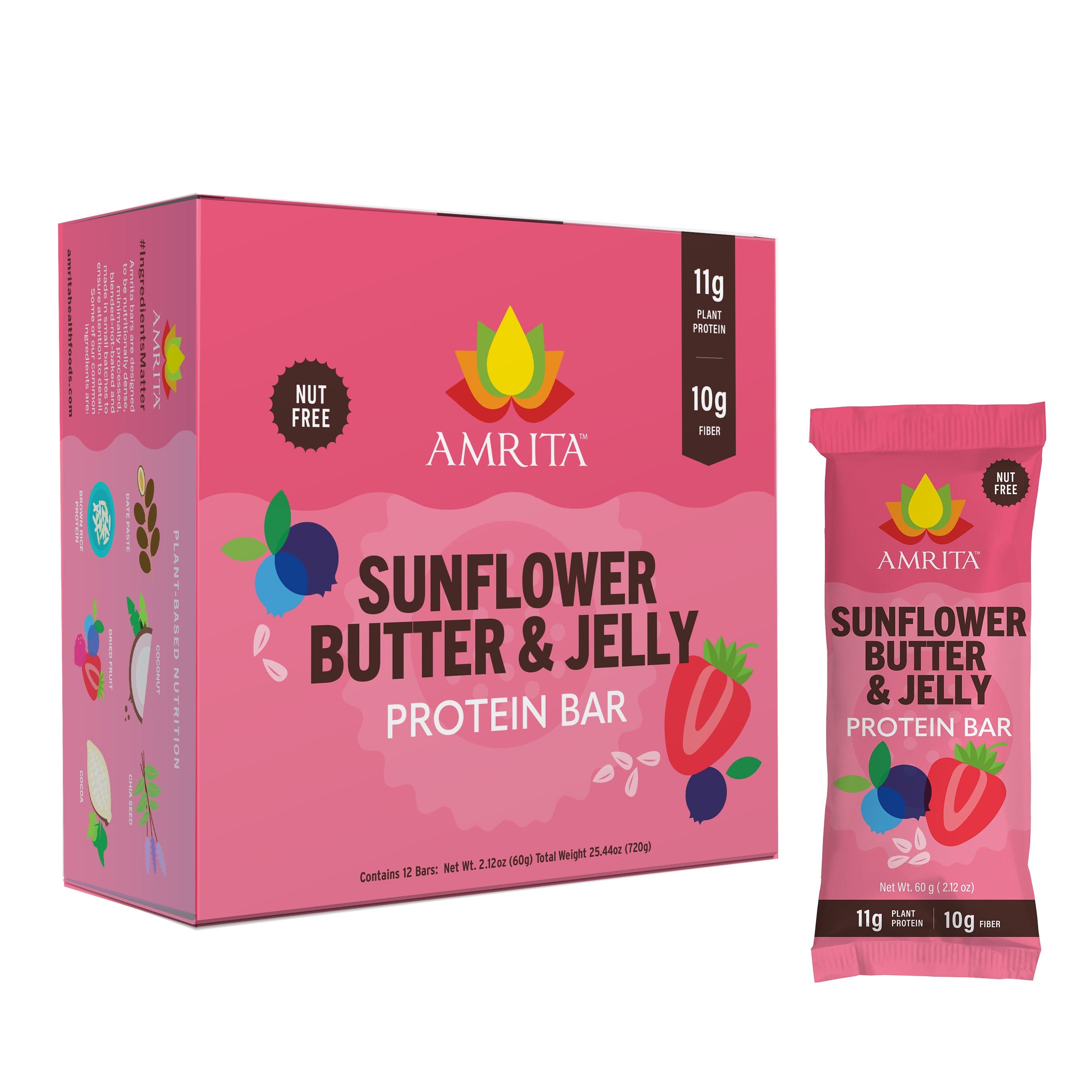 Nut-free sunflower butter and jelly sandwich with strawberries and blueberries