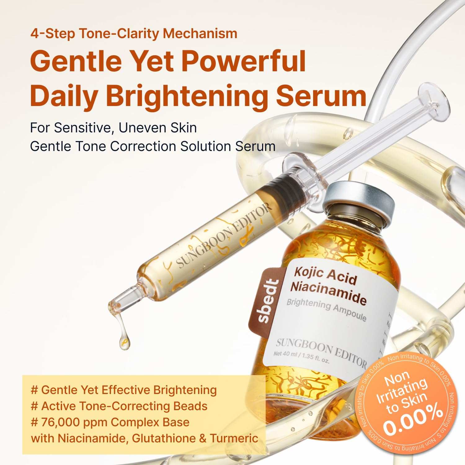 Sungboon Editor Kojic Acid brightening ampoule in a clear glass vial with golden serum and precision applicator