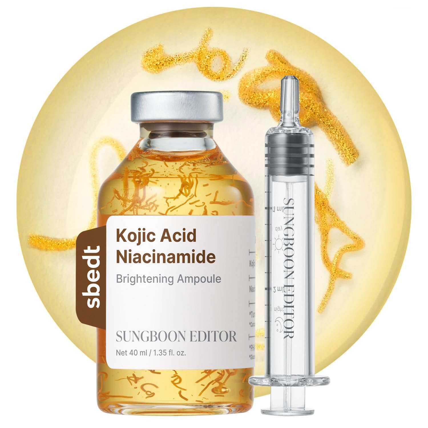 Sungboon Editor Kojic Acid brightening ampoule in an amber glass bottle with syringe applicator and silver cap
