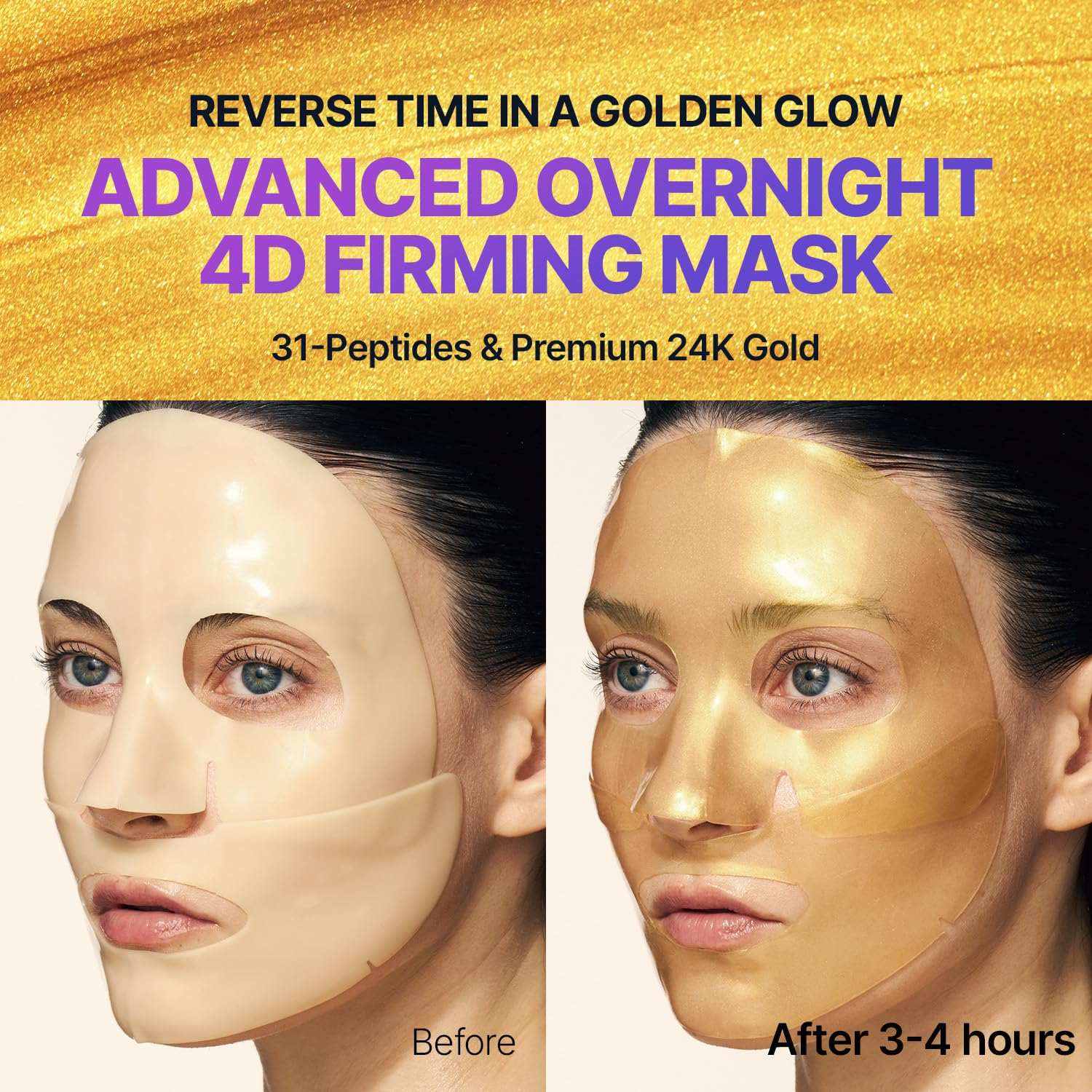 Sungboon Editor Silk Peptide overnight gel face mask shown as transforming from beige to luminous 24K gold on model's face