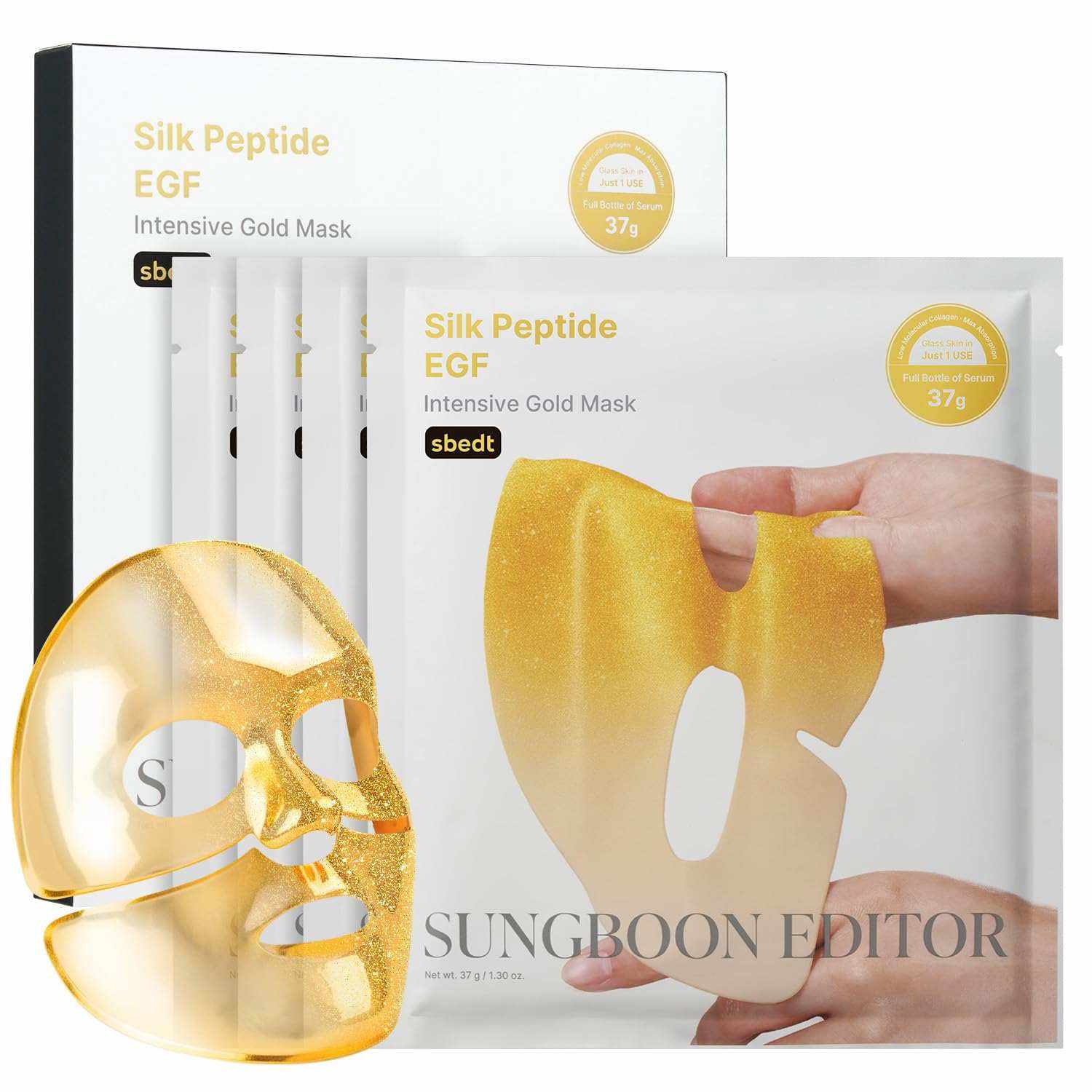 Sungboon Editor Silk Peptide intensive gold face mask with a shimmering gold gel texture shown alongside white and gold packaging