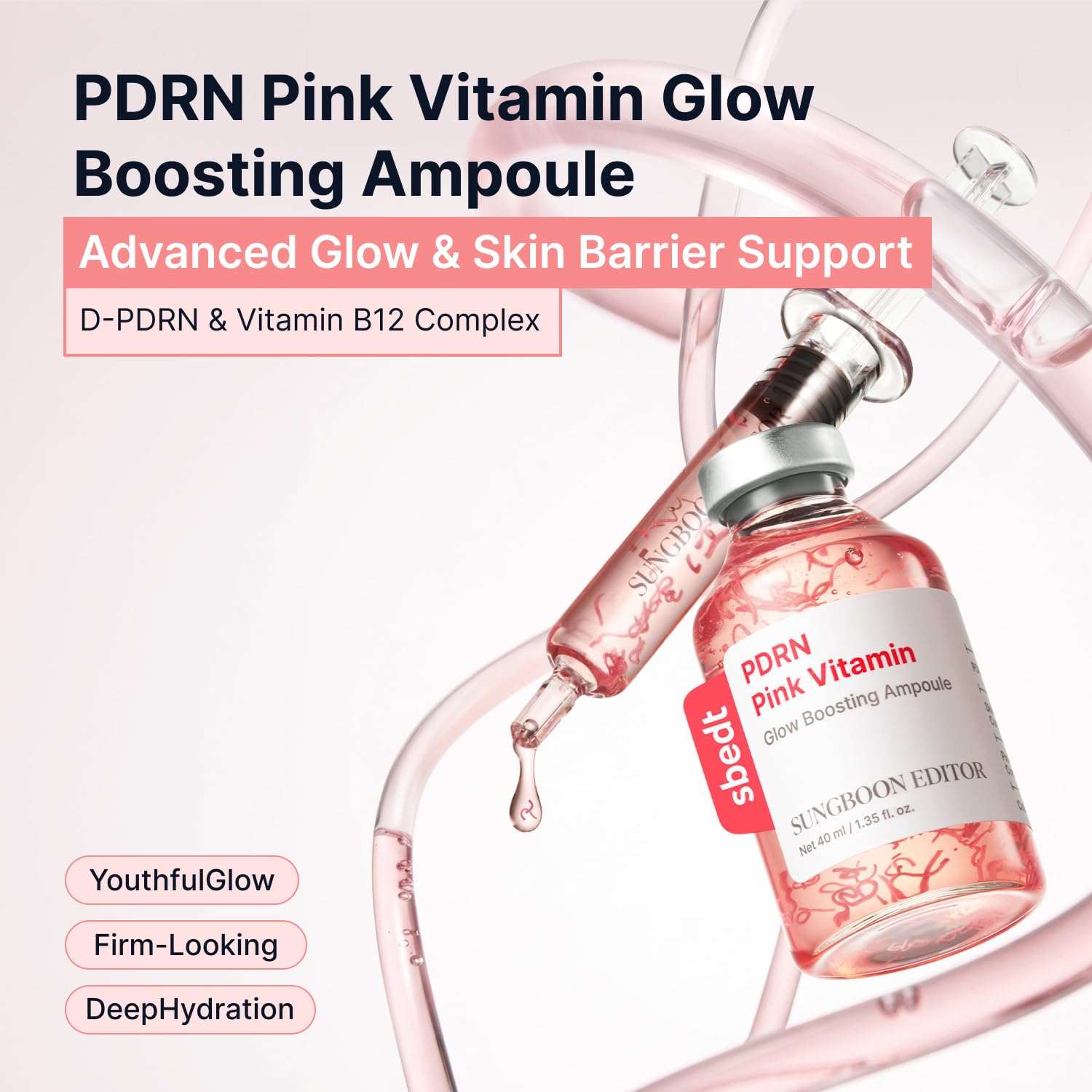 Sungboon Pink Vitamin Glow Boosting Ampoule bottle in pink translucent glass with a silver cap and a dropper, highlighting advanced glow and skin barrier support