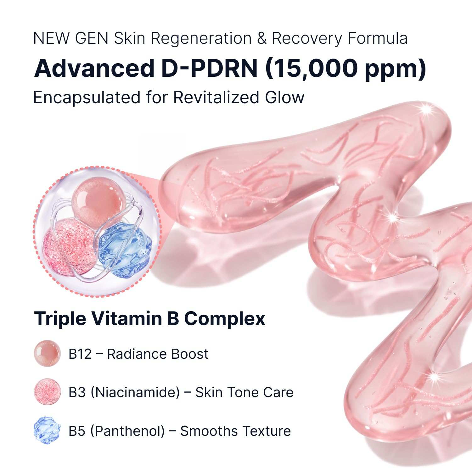 Close-up of translucent pink ampoules with visible internal patterns highlighting Advanced D-PDRN and triple vitamin complex, depicting Sungboon Pink Vitamin Glow benefits.