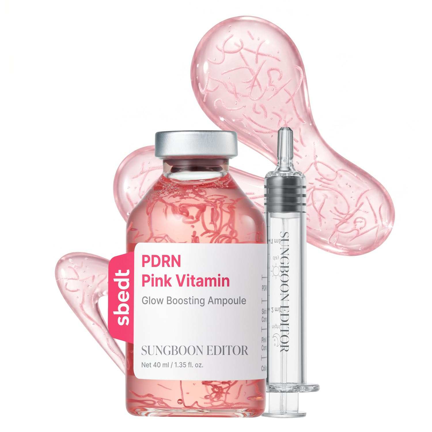 Sungboon Pink Vitamin Glow ampoule in transparent glass bottle with pink serum and silver cap, accompanied by clear precision applicator syringe.