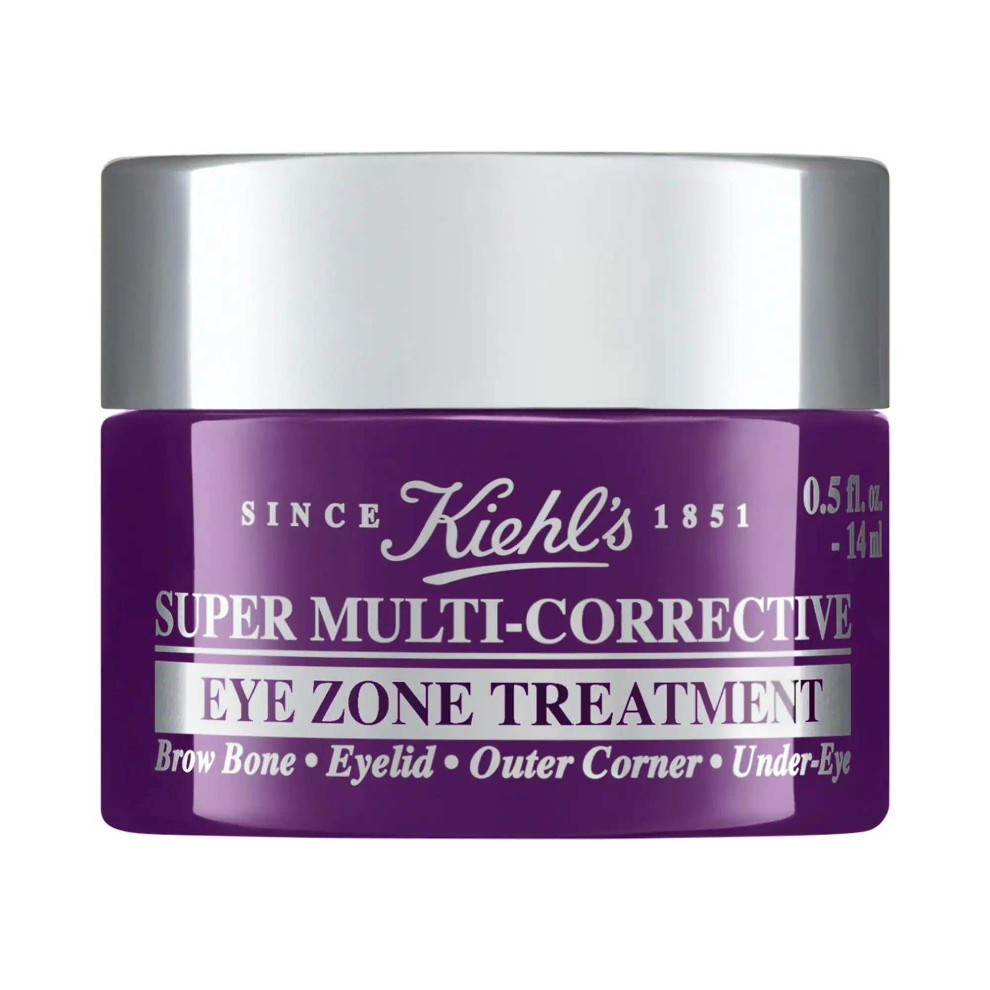 Eye cream jar with a purple label and silver lid, featuring white lettering and a multi-corrective eye zone treatment; Super - Anti-Aging Eye Cream