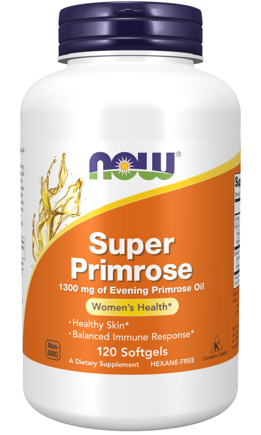 Super Primrose 1300mg supplement bottle with a white container, dark purple cap, orange label, and 120 softgels