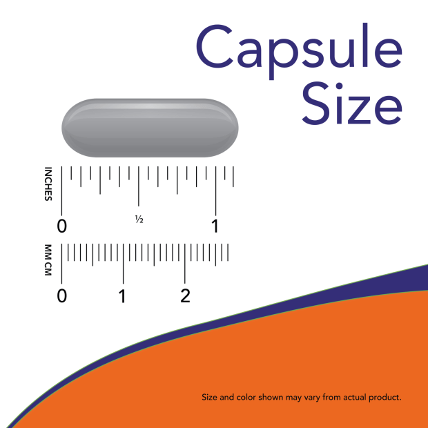 Super Primrose 1300mg softgel capsule size chart showing a grey oblong capsule with inch and millimeter measurements