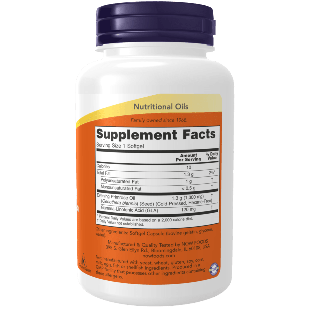 Super Primrose 1300mg bottle with white packaging, purple cap and orange Nutritional Oils label displaying supplement facts.