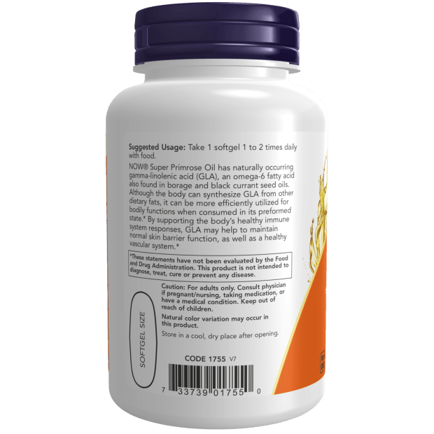 Super Primrose 1300mg white supplement bottle with dark purple cap, orange accents and evening primrose oil label