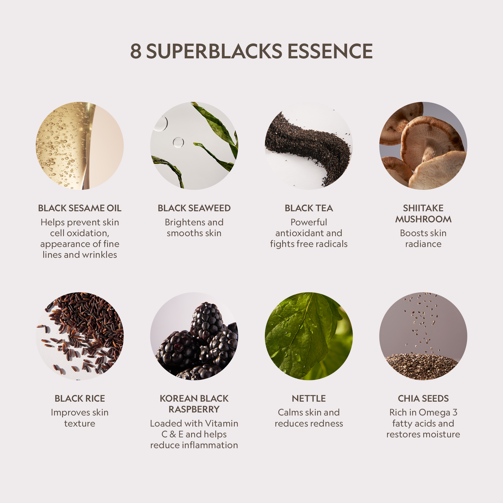 Super Serum Silk Bronzing Drops skincare graphic listing eight SuperBlacks Essence ingredients with circular ingredient photos and benefits