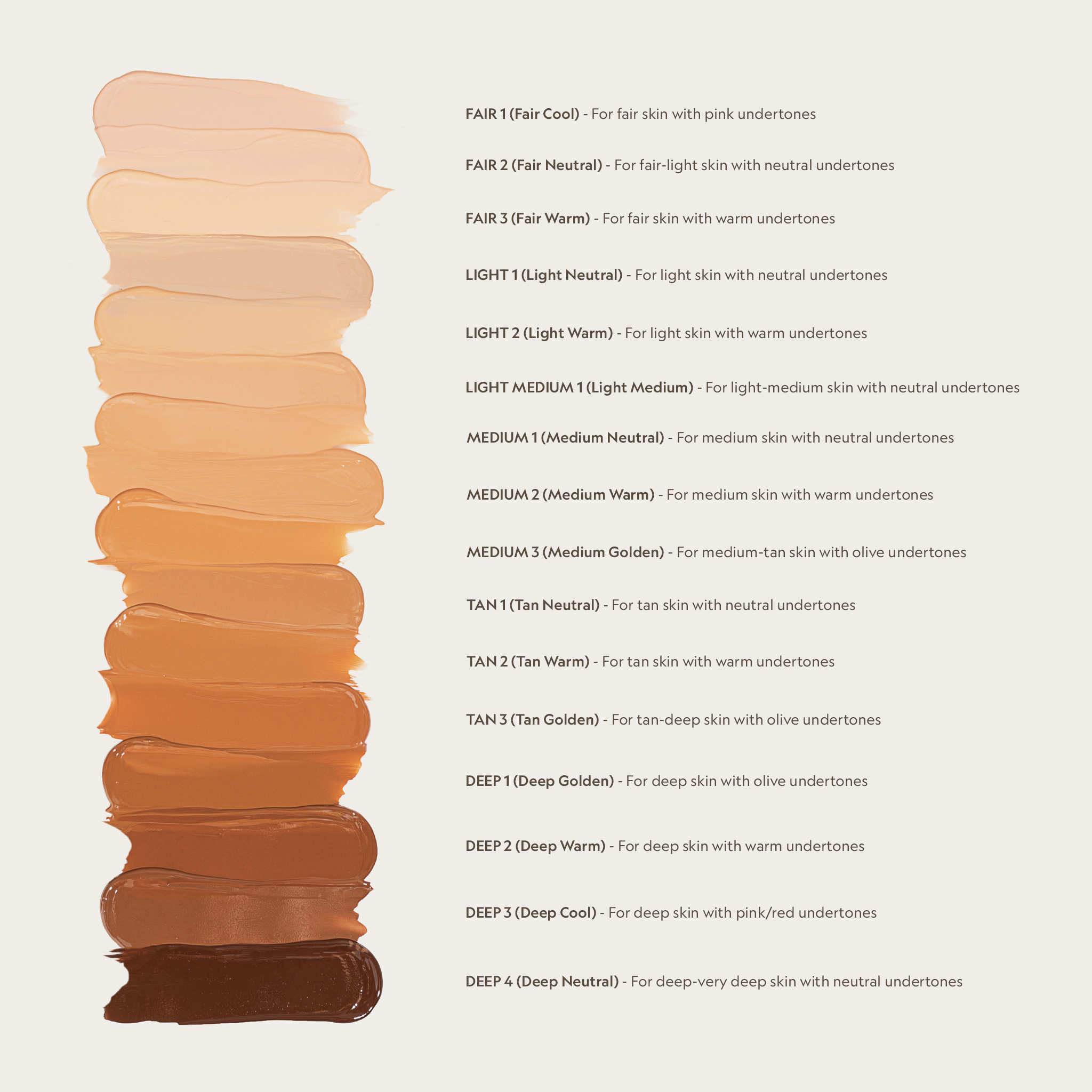 Super Serum Silk foundation shade chart showing 16 warm, neutral, and cool skin-tone swatches from fair to deep