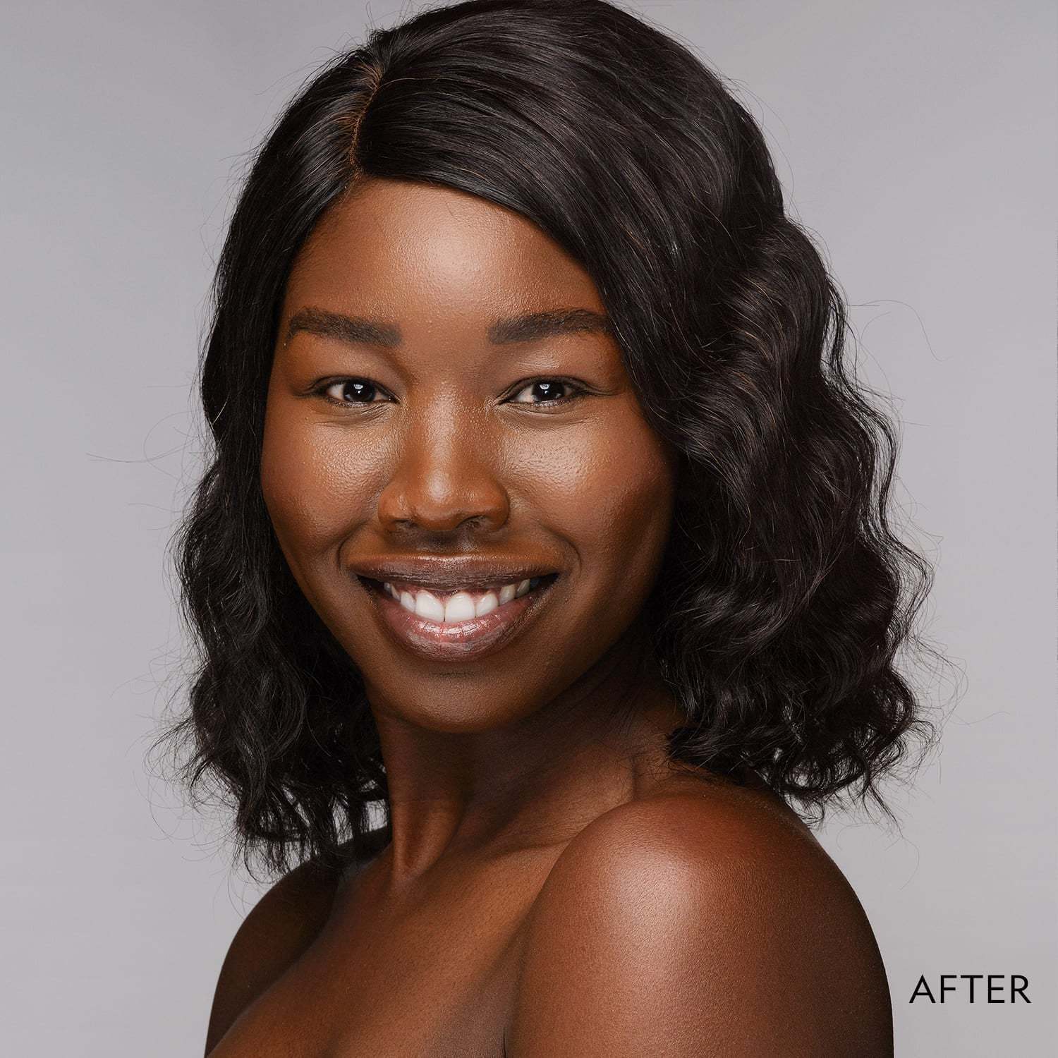 Super Serum Silk Matte Foundation on smiling woman, visibly smooth complexion with natural matte finish