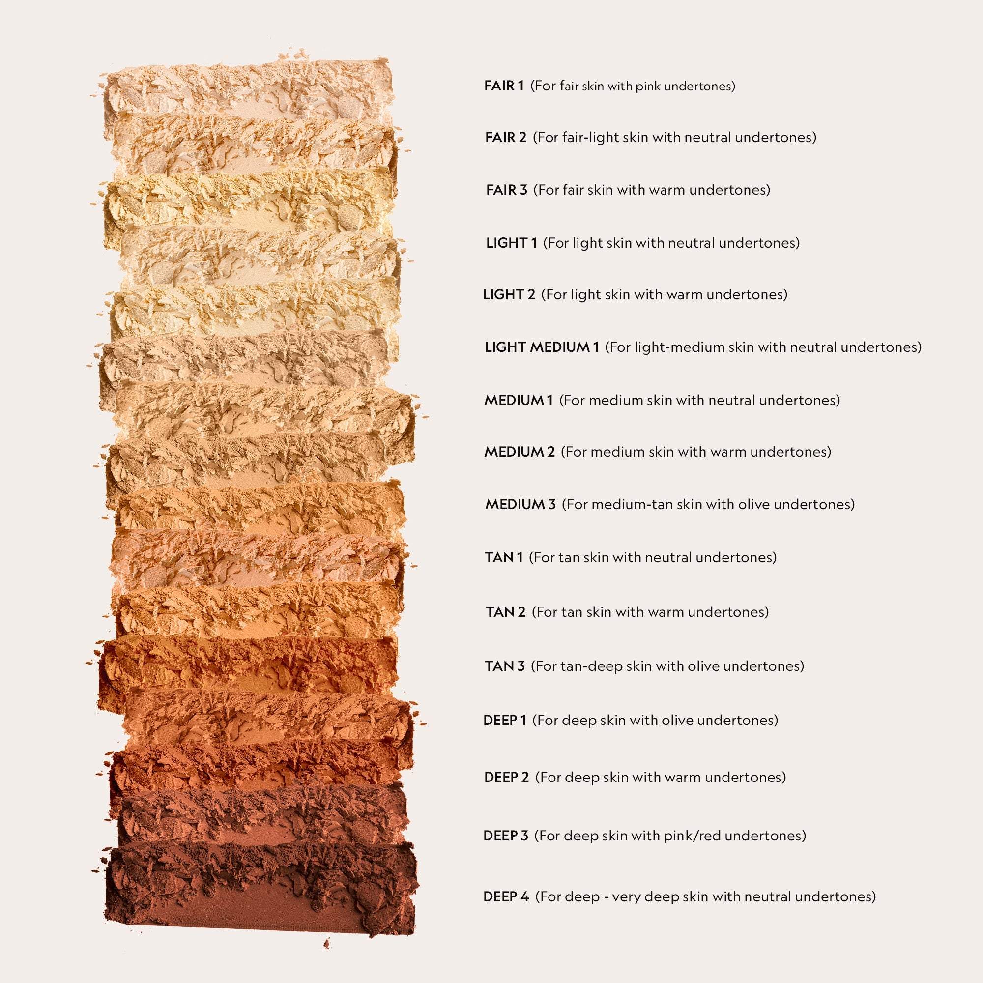 Super Serum Silk Matte Foundation powder shade swatches ranging from fair to deep in warm, neutral, olive and pink undertones