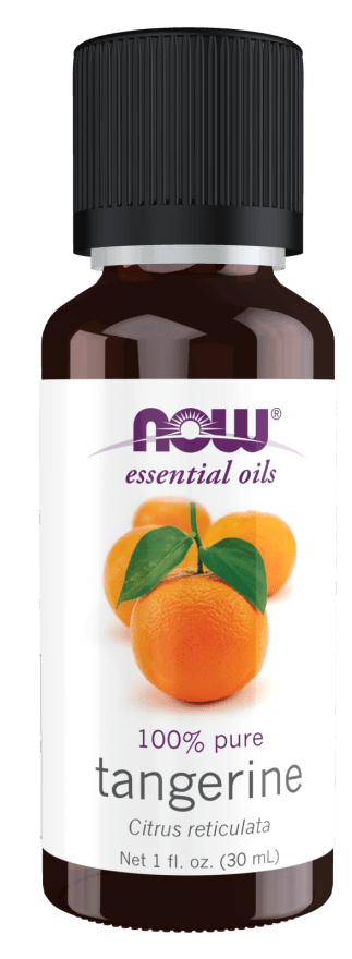 Tangerine Essential Oil bottle with black cap and label featuring oranges and green leaves, 100% pure