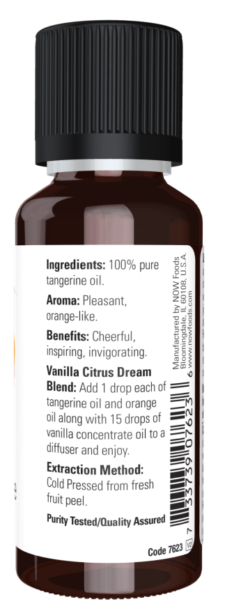 Tangerine Essential Oil bottle with black ribbed cap and label detailing 100% pure tangerine oil, aroma, benefits, vanilla citrus blend, and cold pressed extraction method