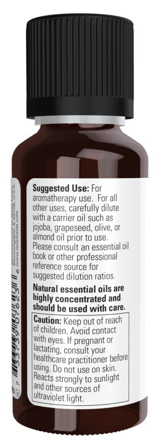 brown glass bottle with black ribbed cap holding Tangerine Essential Oil with white caution label text