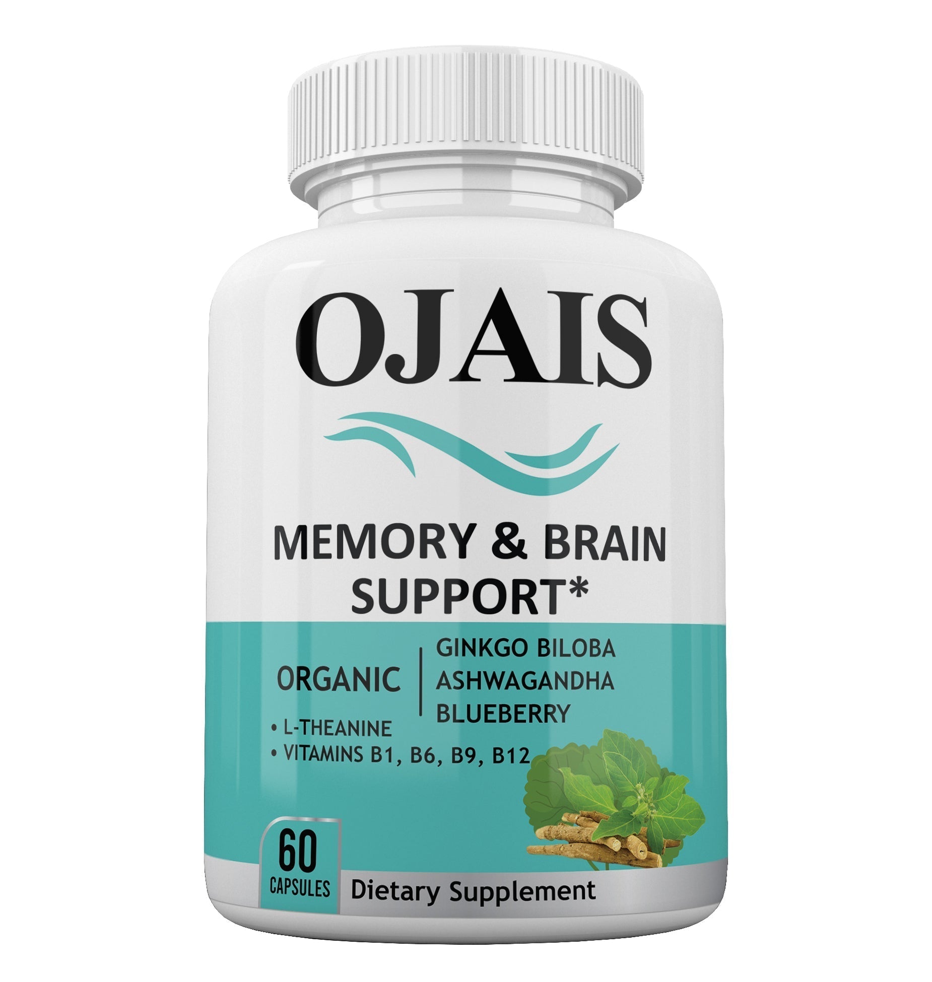 Memory and brain support supplement bottle in white plastic with a teal label, botanical graphic and 60 capsules; Targeted nutrients to support memory.