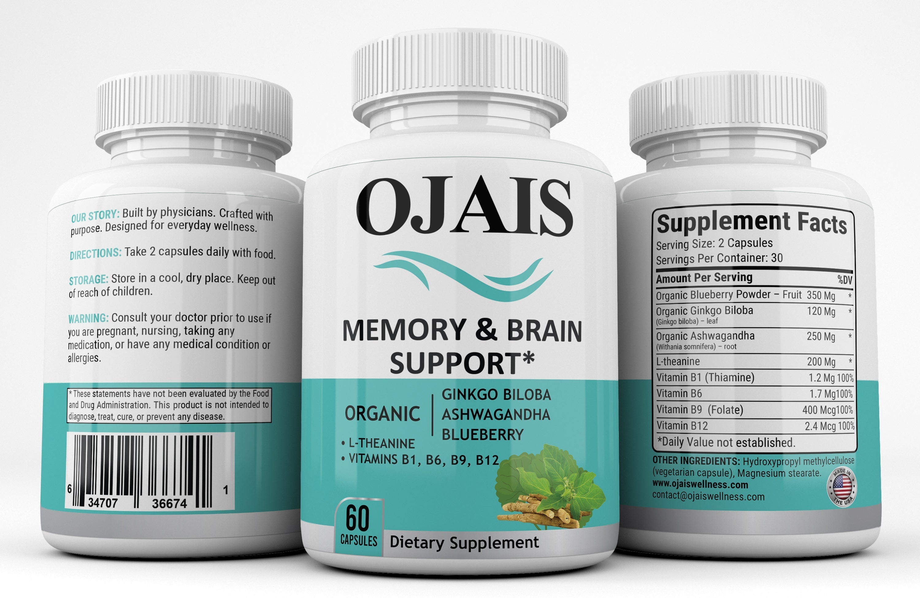 Supplement bottle for Targeted nutrients to support memory, white and teal label with MEMORY & BRAIN SUPPORT text