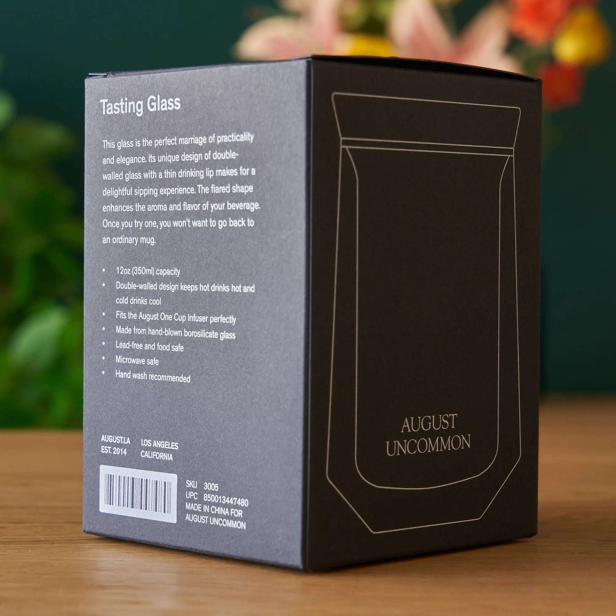 Tasting Glass packaging box in grey and black with outlined double-walled glass design and product details