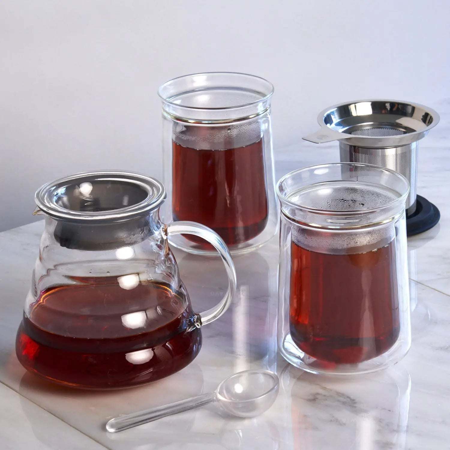 Tea For Two - Starter Tea Set with clear glass teapot, two double-walled glasses, stainless steel infuser and scoop