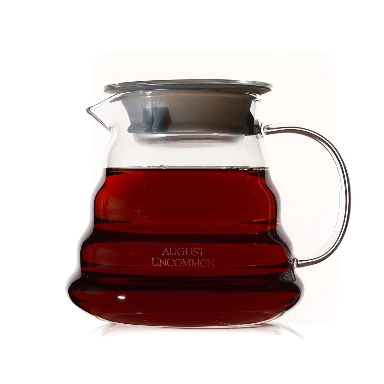 Tea For Two - Starter Tea Set glass teapot with deep red brewed tea, stainless steel infuser and curved handle