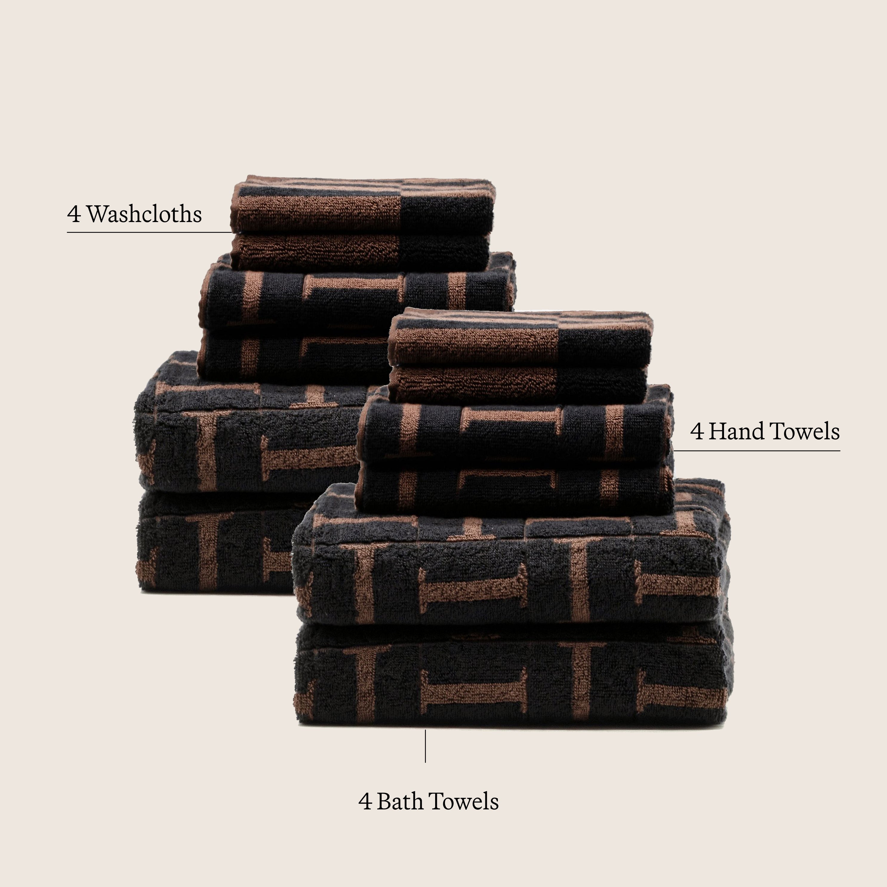 Tessera Australian cotton towels in moody coastal tones with geometric pattern