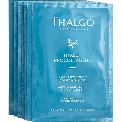 Thalgo Wrinkle Correcting Eye Patches in turquoise-blue foil sachets, with Hyalu-Procollagène labeling and eight patches.