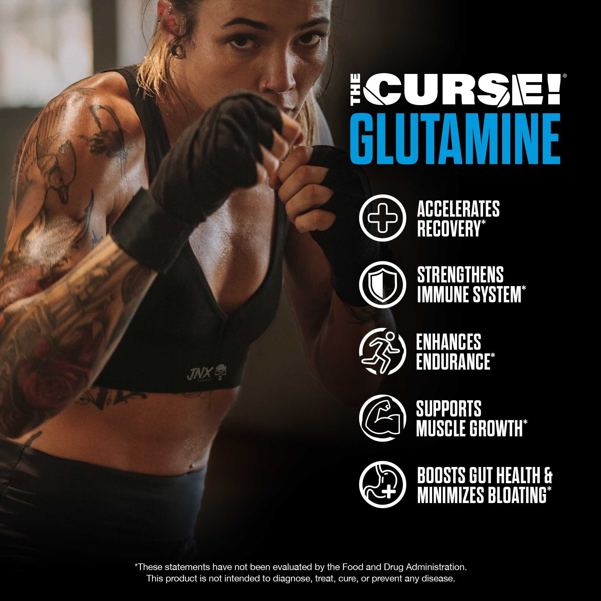 The Curse Micronized Glutamine pure powder supplement container