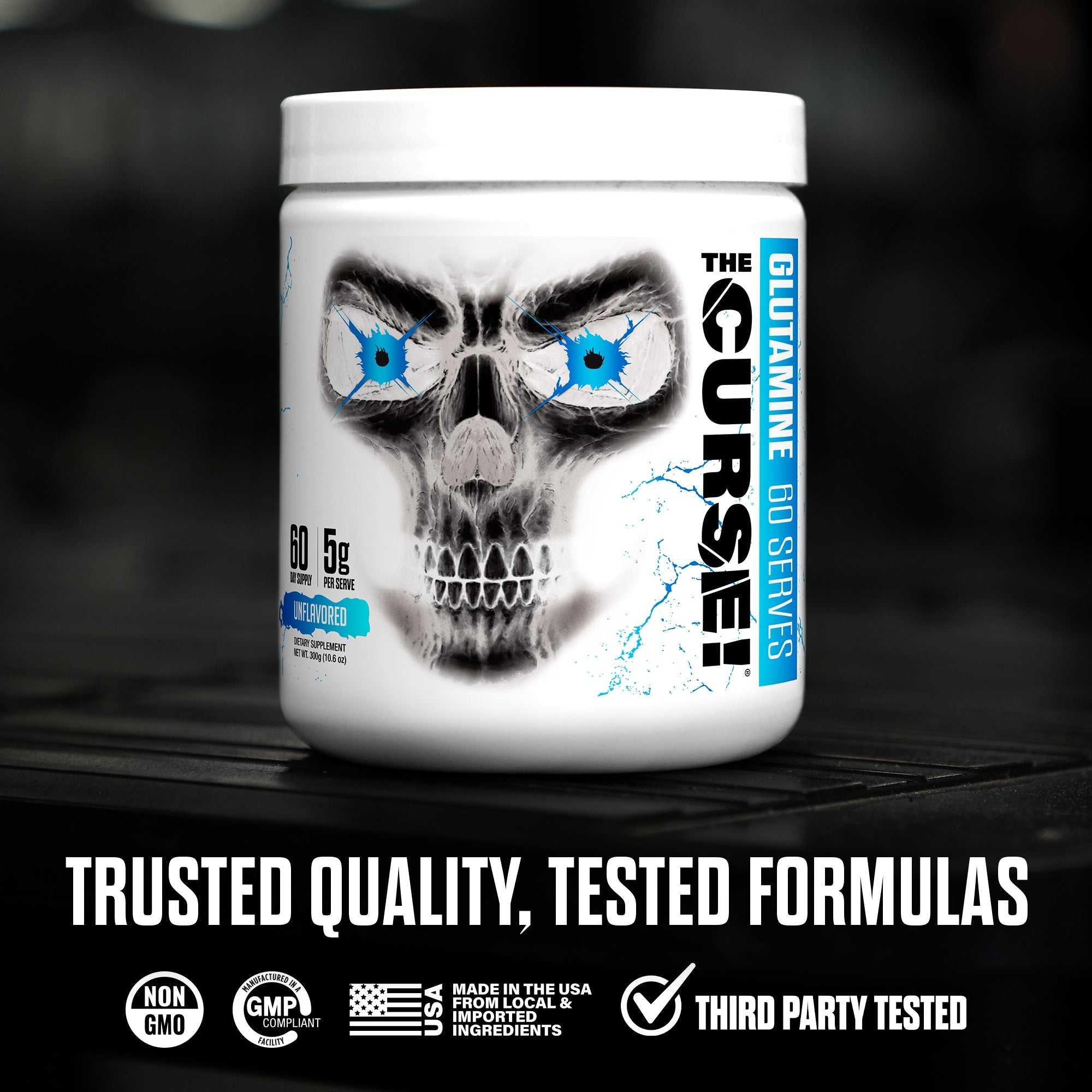 The Curse Micronized Glutamine supplement container with scoop