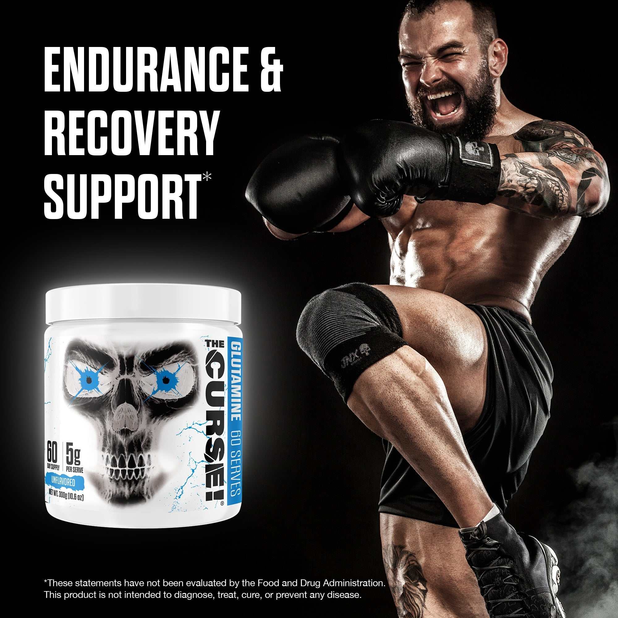 The Curse Micronized Glutamine supplement container with scoop