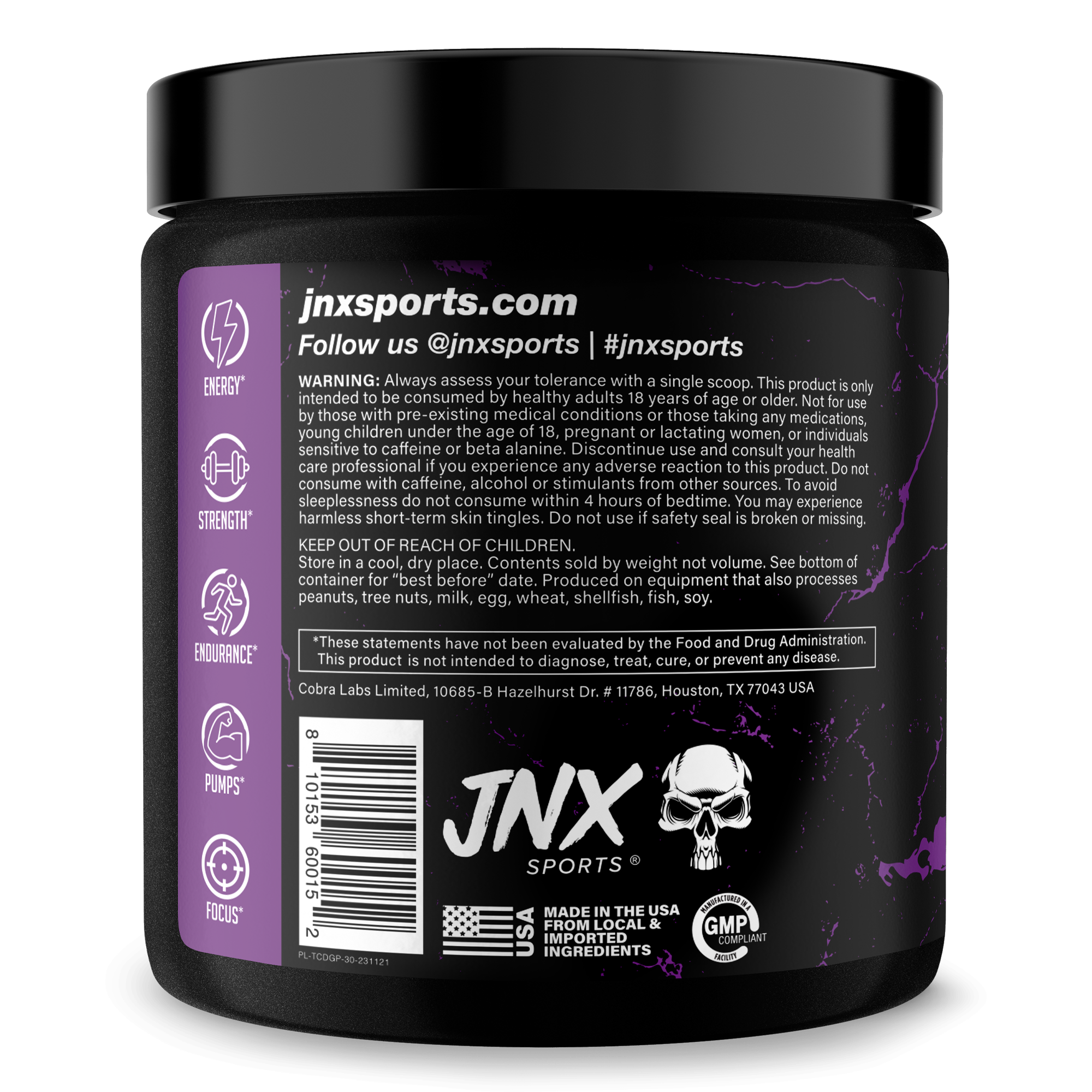Black powder supplement container with purple and white text and skull logo, labeled for The Curse pre-workout 30 Serve by JNX Sports