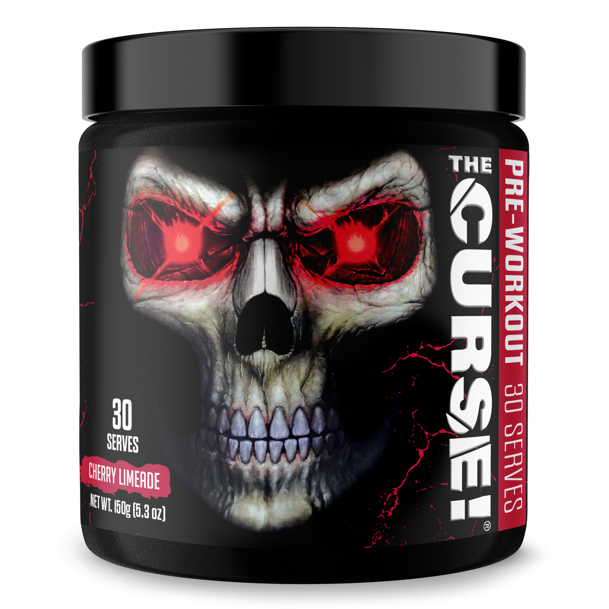 The Curse pre-workout 30 Serve black container with a skull design and red glowing eyes, cherry limeade flavor label