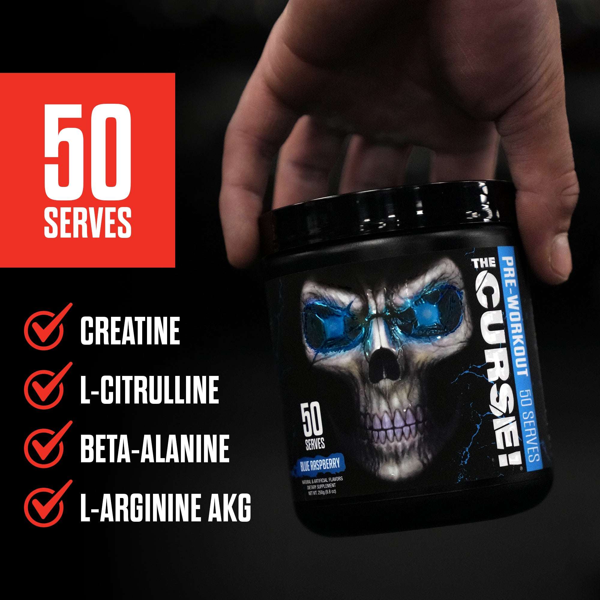 The Curse pre-workout supplement container with bold design