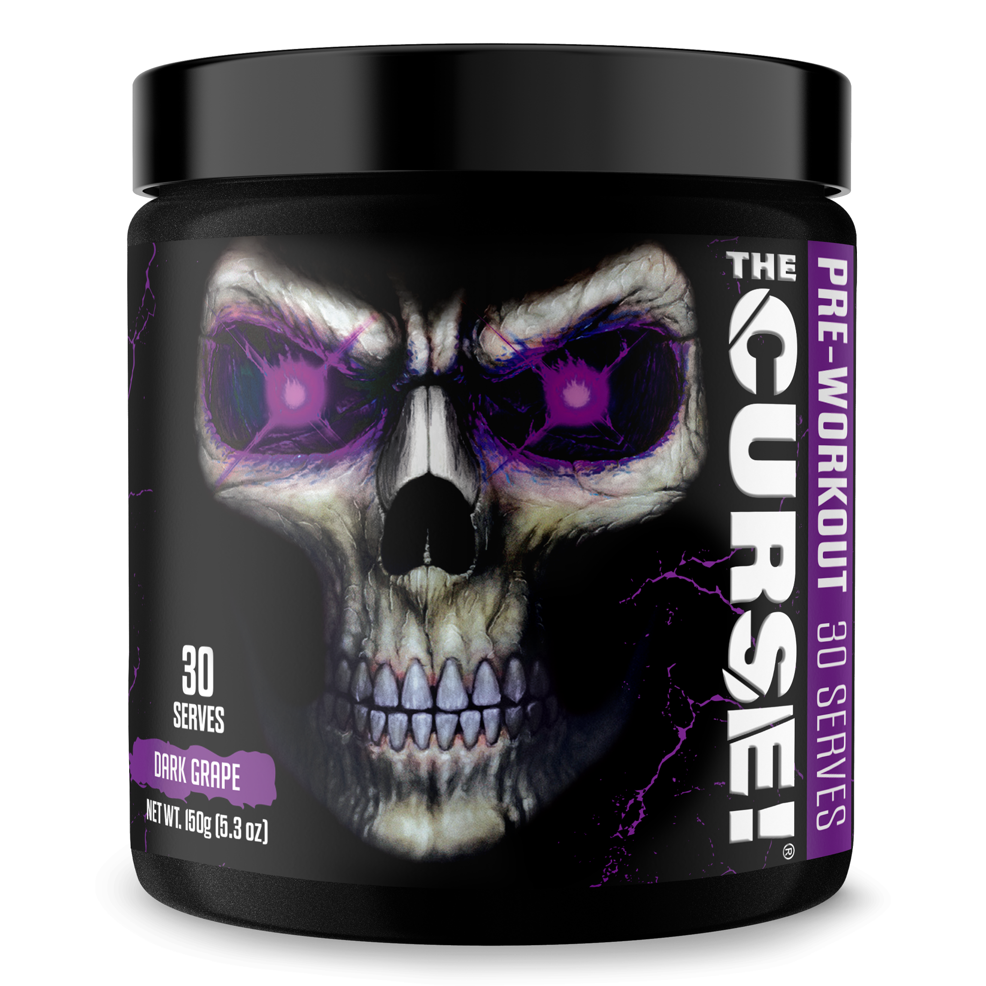 Pre-workout supplement tub with dark grape flavor, black container, skull graphic with purple glowing eyes, labeled The Curse pre-workout 30 Serve.