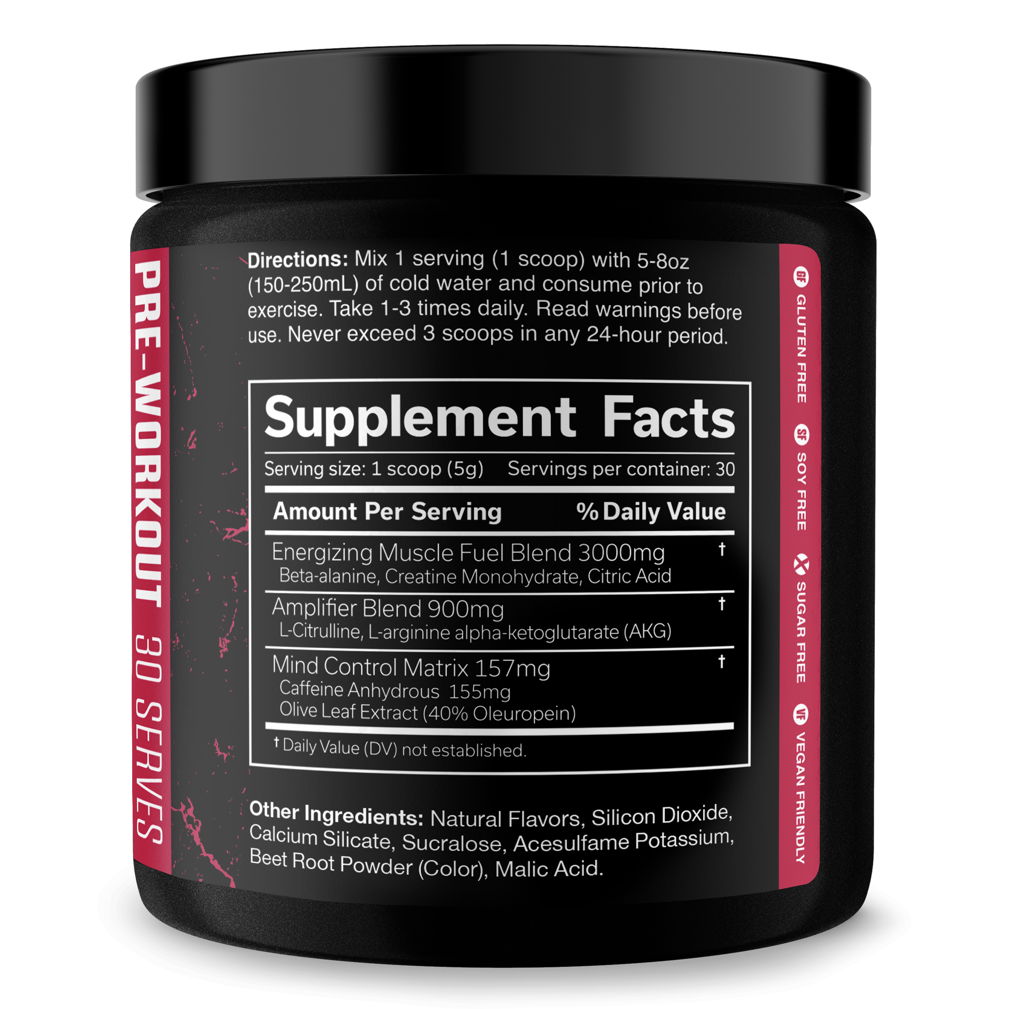 Black cylindrical container of The Curse pre-workout 30 Serve with pink and white text, featuring supplement facts and usage directions.