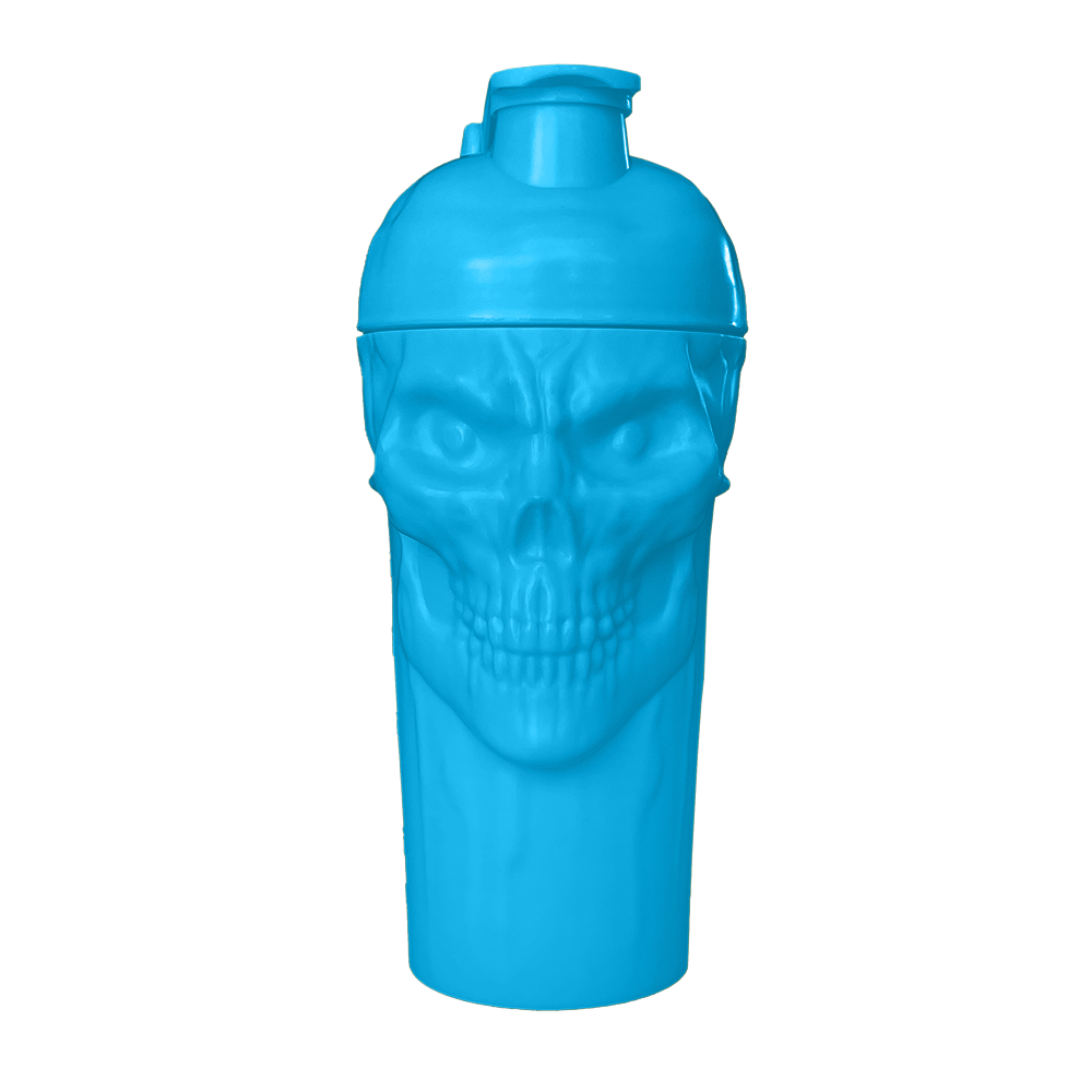 The Curse! Skull Shaker blue plastic shaker bottle with a skull design and leak-free screw-on lid