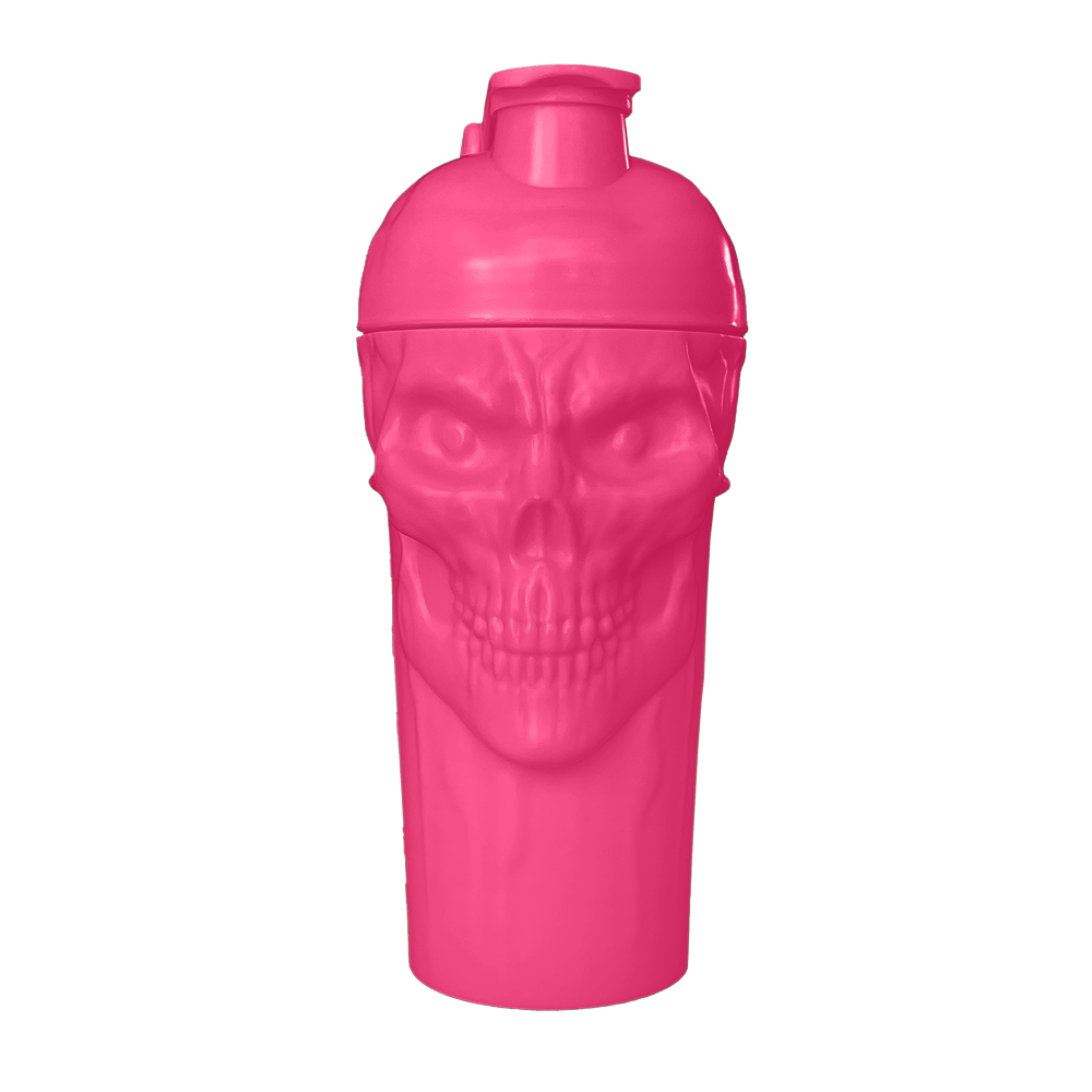 The Curse! Skull Shaker bright pink plastic shaker bottle with sculpted skull design and screw-on lid