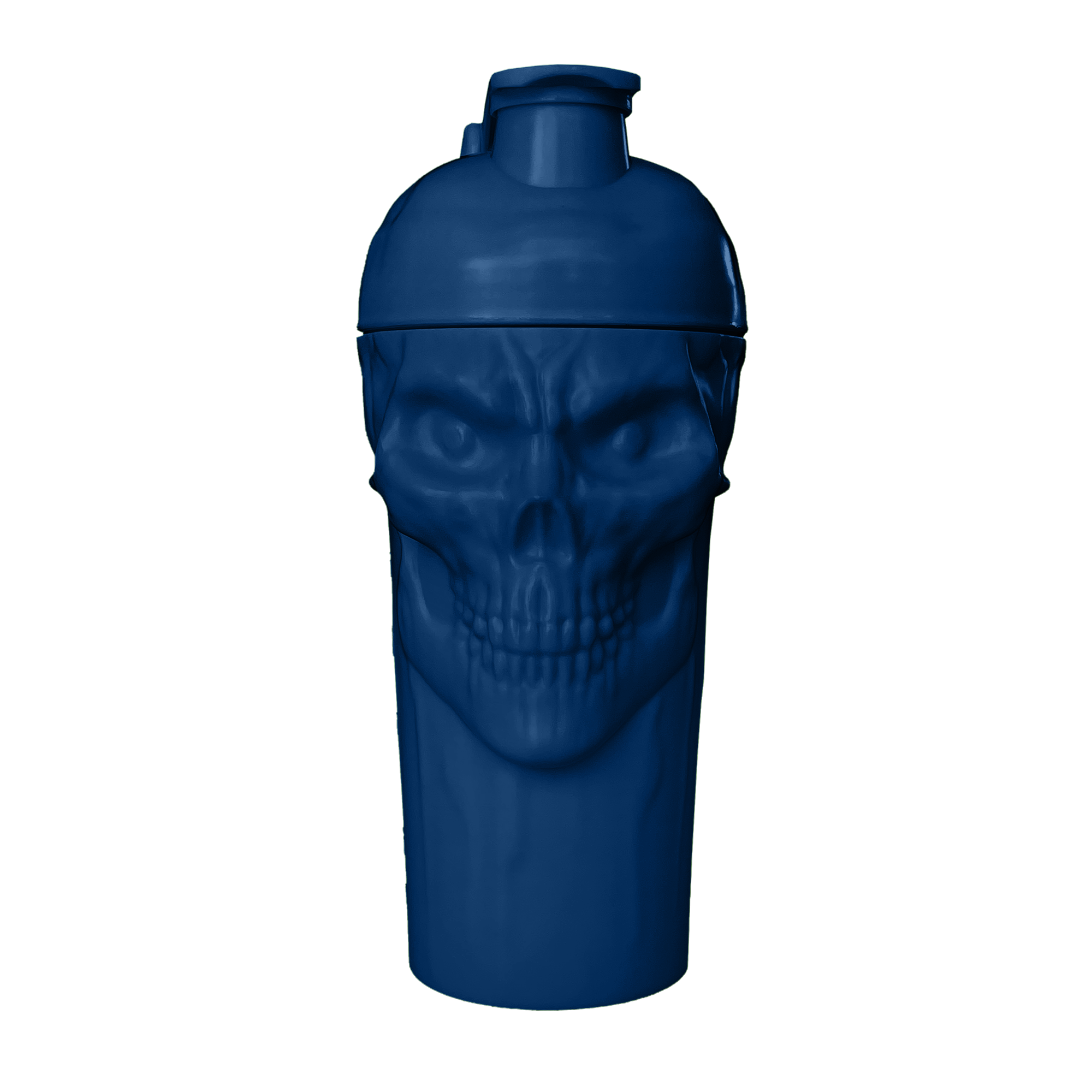 The Curse! Skull Shaker in solid dark blue with a skull design, leak-free screw-on lid, and 700ml capacity