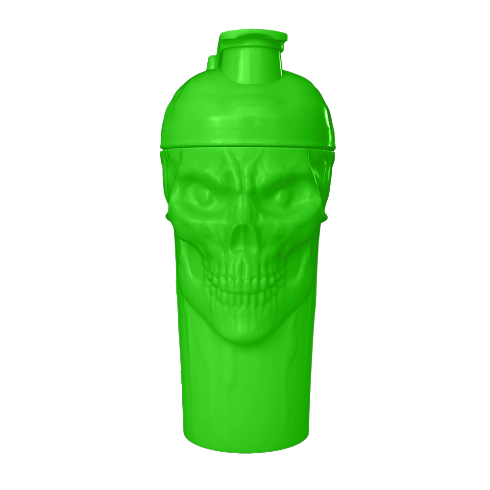 The Curse! Skull Shaker bright green plastic blender bottle with 3D skull face and screw-on lid