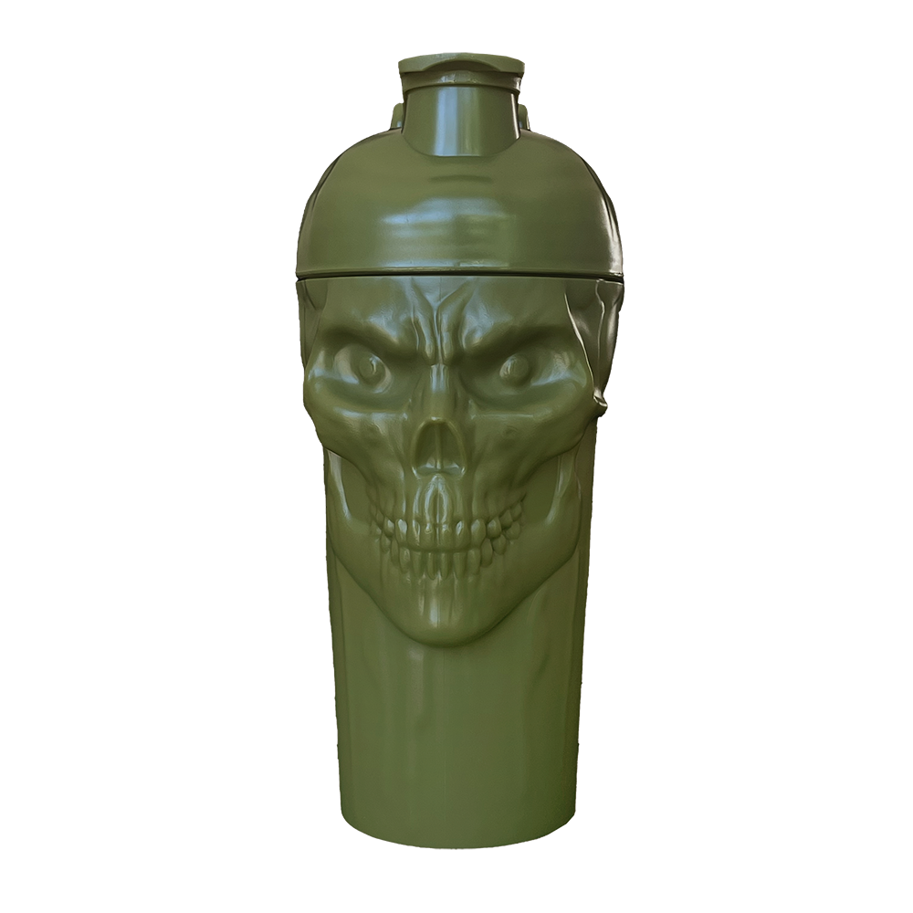 The Curse! Skull Shaker olive green plastic shaker bottle with sculpted skull face, screw-on lid, and mixing ball inside