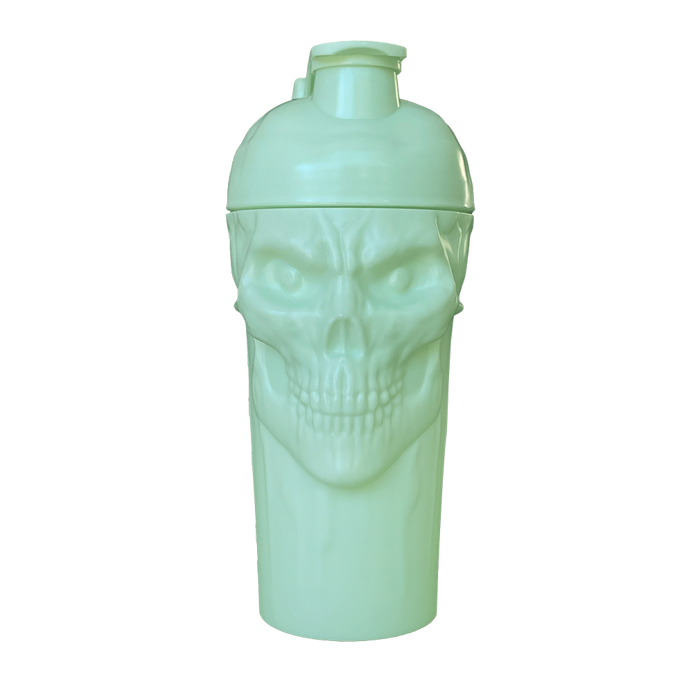 The Curse! Skull Shaker sports a pale green plastic design with a detailed skull face and a screw-on lid.