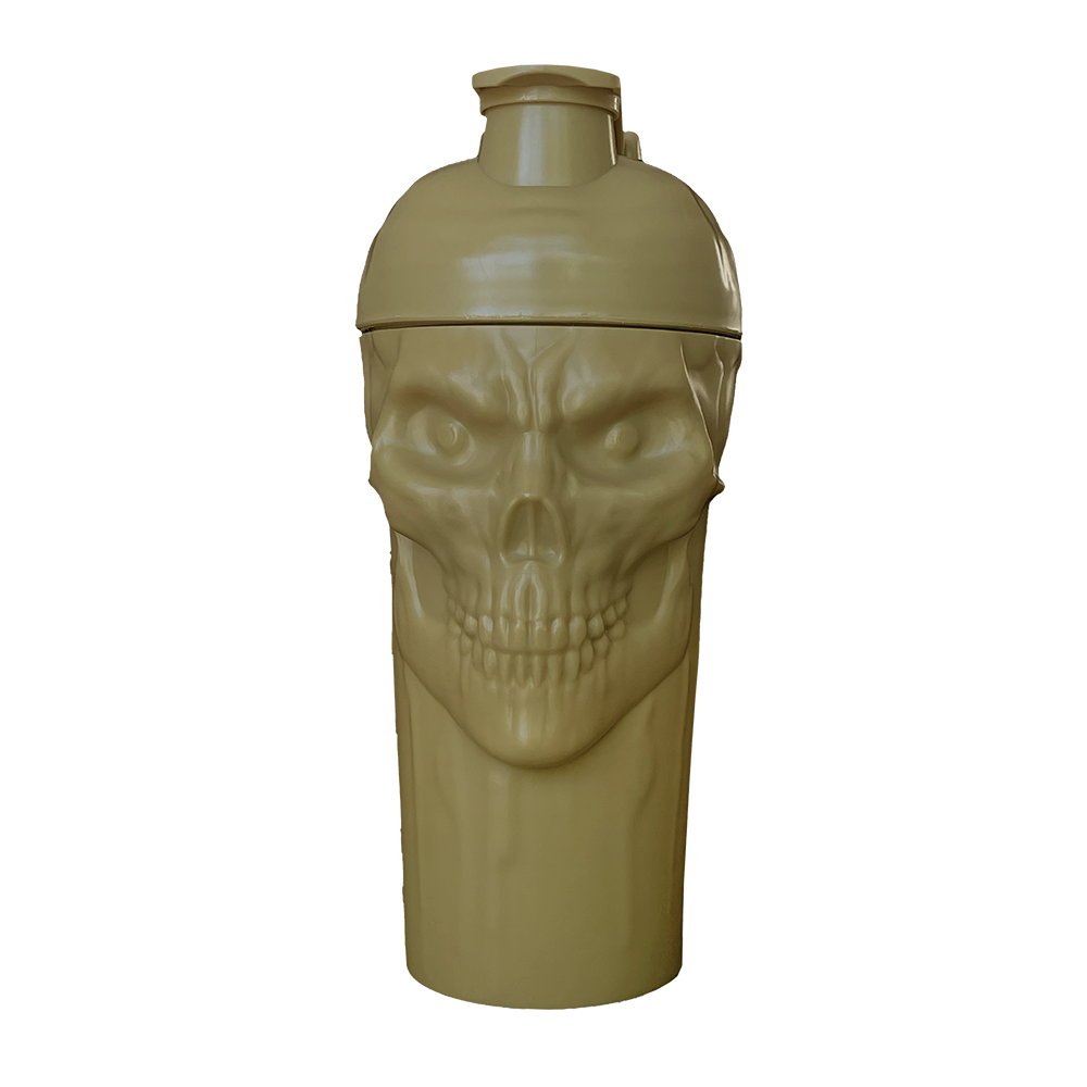 The Curse! Skull Shaker tan plastic shaker bottle with sculpted skull face, screw-on lid, and mixing ball inside