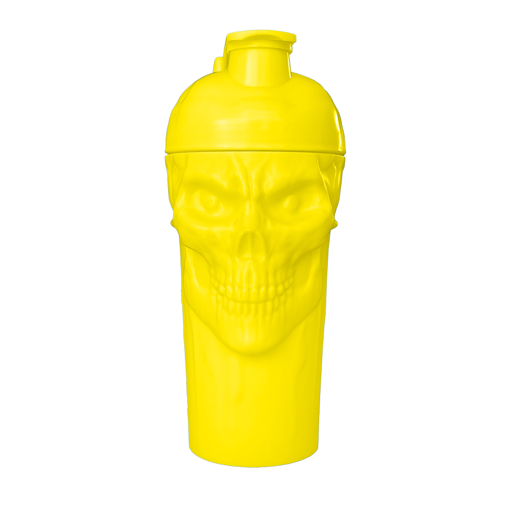 The Curse! Skull Shaker bright yellow plastic shaker bottle with a prominent skull design and leak-free screw-on lid